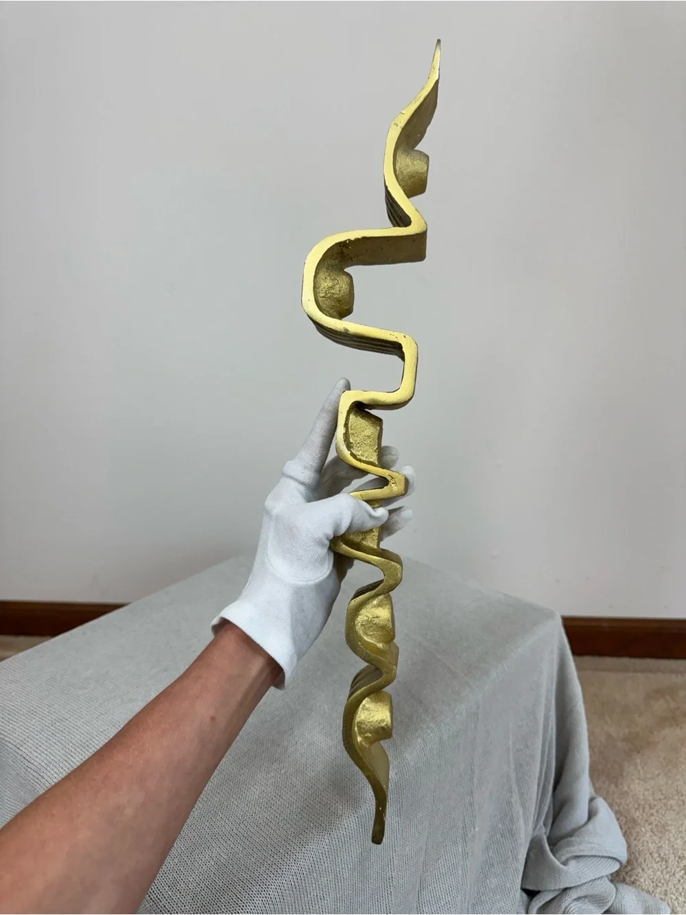 MCM Style Sculptural Gold Metal Wave Candelabra Taper Candle Holder Centerpiece